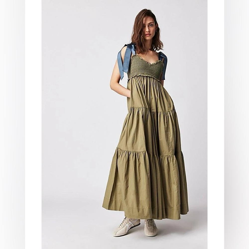 Free People Bluebell Ribbon Strap Maxi Green Tiered Maxi Sundress